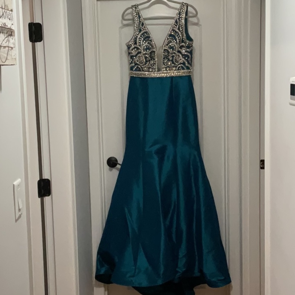 Teal Blue Sequin Embellished Pageant Gown